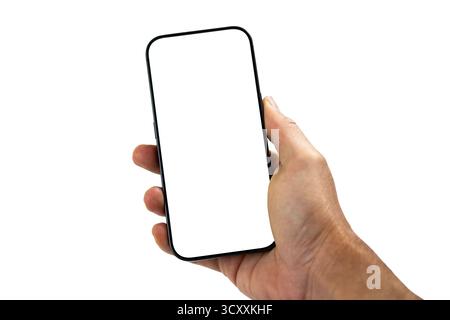 Hand holding smartphone with white screen isolated Stock Photo
