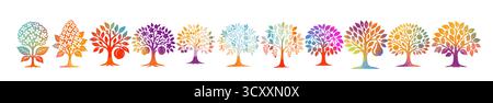 colored fruit tree cartoon set. A set of different trees. Hand drawn. Not AI, vector illustration. Stock Vector