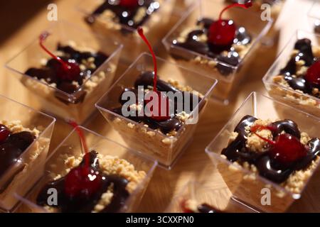 Buffet menu. Delicious desserts on table, closeup Stock Photo