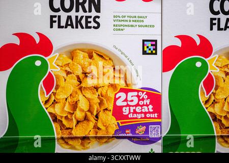 London UK, October 16 2025, Box Or Carton Of Popular Kelloggs Corn Flakes Stock Photo