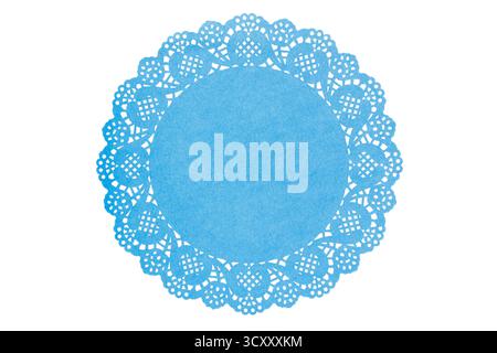 Blue paper doily on white background Stock Photo