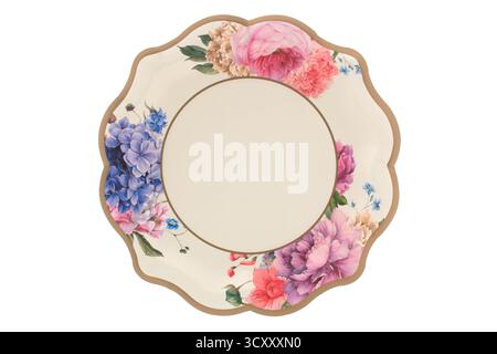 White floral paper plate on white background Stock Photo