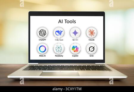 AI Tools like ChatGPT, Grok, Gemini displayed on Laptop Stock Photo