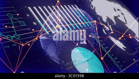 Showing dotted globe pulsing links in interface with orange nodes, turquoise segment, data points Stock Photo
