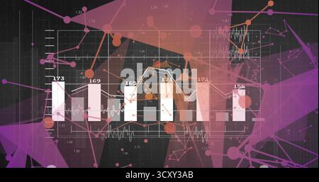 Displaying abstract bars and overlaid line graphs on dark grid dashboard, with numeric annotations Stock Photo