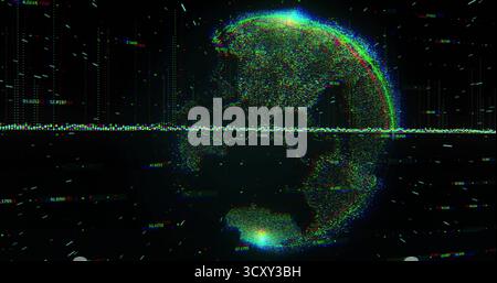 Rotating point cloud Earth globe in virtual interface, with data stream and glitch artifacts Stock Photo