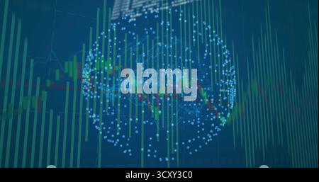 Displaying blue network sphere on grid dashboard, with green-red candlestick bars and line graphs Stock Photo