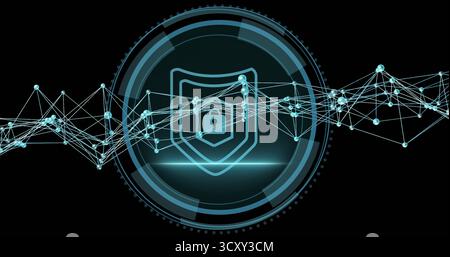 Featuring central shield emblem with padlock in circular interface in network, with glowing nodes Stock Photo