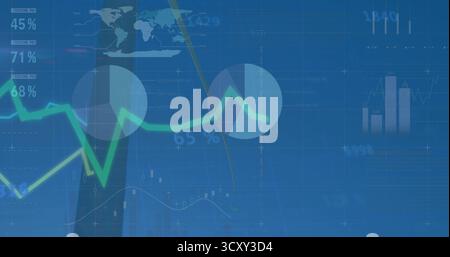 Showing dashboard featuring world map and green line graph with circular highlights on blue screen Stock Photo