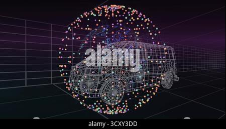 Displaying wireframe model van rotating within virtual 3D grid chamber, with colorful data points Stock Photo