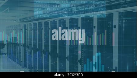Showing server cabinets featuring blade servers and LED lights in data center, chart overlays Stock Photo