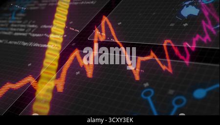 Displaying glowing orange line graph on dashboard, with yellow bars, magenta line, numeric labels Stock Photo