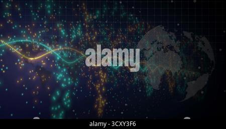 Moving sine wave data stream across digital grid overlay, with glowing data points, wireframe globe Stock Photo