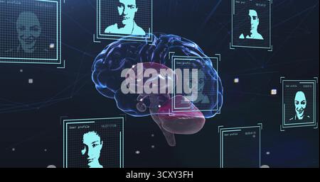 Floating 3D brain model forming connections to user profiles in virtual space, with network grid Stock Photo