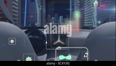 Displaying holographic interface hovering above console in car cabin, with neon skyline Stock Photo
