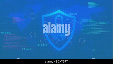 Central translucent shield displaying fingerprint motif in security dashboard, with network nodes Stock Photo
