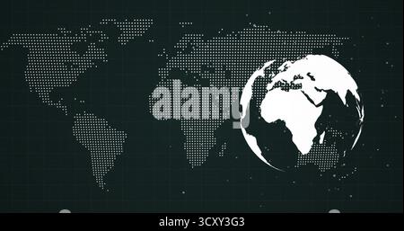 Displaying white 3D globe highlighting Africa, Europe in dashboard, with dotted map, copy space Stock Photo