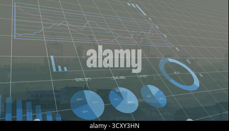 Floating 3D grid hovering over dusk city skyline with line, bar, pie and donut charts, cranes Stock Photo