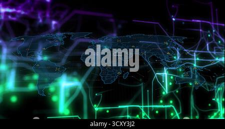 Displaying digital world map floating in virtual interface, with glowing nodes and circuit lines Stock Photo