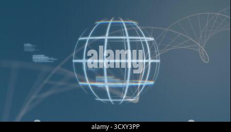 Floating wireframe globe pulsing within virtual display, with code clusters and dotted helix Stock Photo