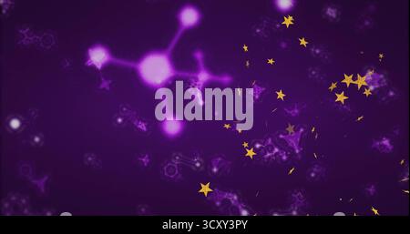 Featuring glowing purple molecular structure in digital scene, with golden stars and hexagon motifs Stock Photo