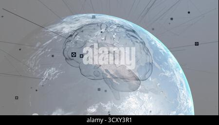 Floating translucent brain model radiating network lines above Earth, with digital square nodes Stock Photo