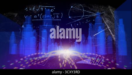 Displaying holographic cityscape rising on glowing grid floor, with blue bars and chalk diagrams Stock Photo