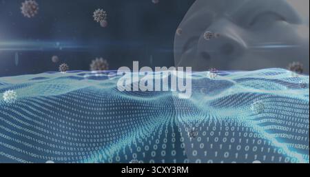 Flowing binary mesh waves forming data ocean, with viral spheres and ghostly face silhouette Stock Photo