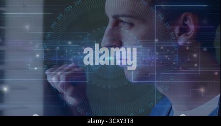 Interacting technician wearing uniform manipulating holographic panels in lab, with radial scales Stock Photo