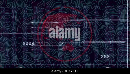 Displaying red world map overlaying cyan contour lines on dashboard with numeric labels 2008, 202 Stock Photo