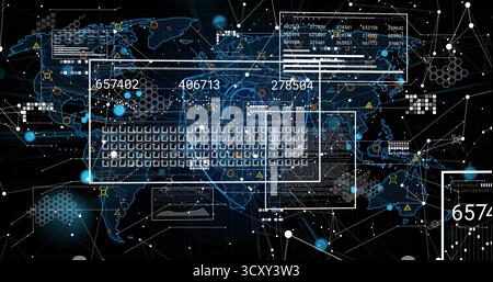 Displaying translucent keyboard floating over network interface, with world map and data panels Stock Photo