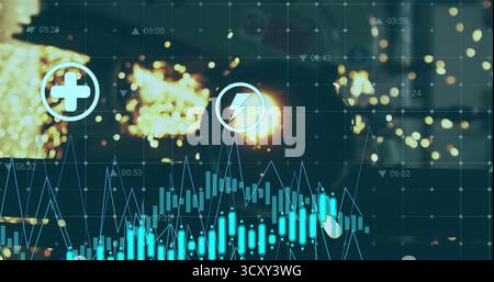 Displaying spark circling lightning bolt icon in foundry, with charts, grid overlay, glowing sparks Stock Photo