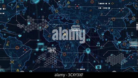 Displaying digital world map on dashboard, with hexagonal grids, numeric blocks and circuit lines Stock Photo
