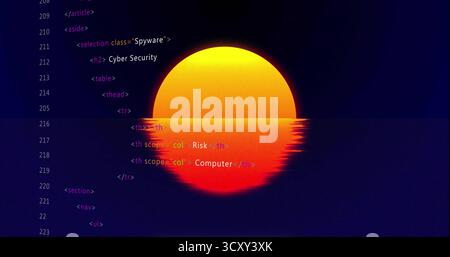 Stylized sun graphic displaying on digital interface, with reflective water and HTML code overlay Stock Photo