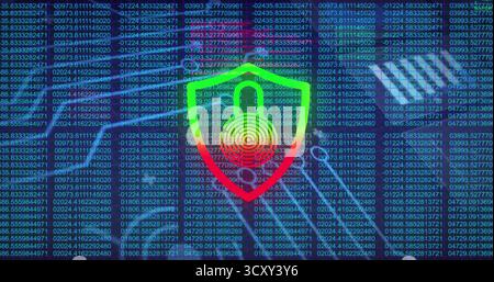 Displaying shield icon featuring padlock and fingerprint pattern against cascading code on display Stock Photo