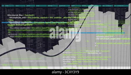 Displaying translucent white bar chart with black curved trend line on digital dashboard with code Stock Photo