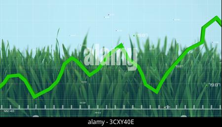 Displaying green jagged line graph stretching across grass field grid overlay, with data points Stock Photo