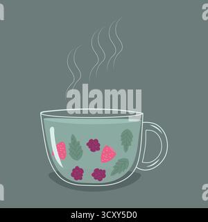 cup of mint tea with strawberries and raspberry Stock Vector