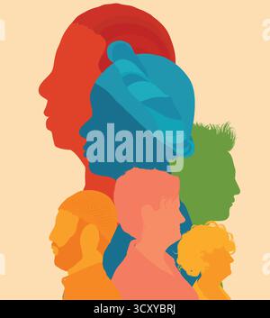 Unity and equality represented through colorful multicultural human silhouettes in profile Stock Vector