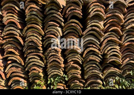 Curved roof tiles stacked in rows in sunlight Stock Photo
