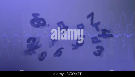 Floating digits 0-9 and sine-waveform lines traveling across abstract digital space, data flow Stock Photo