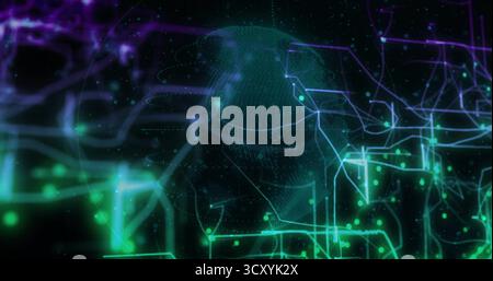 Showing network floating in virtual space, with neon green pathways, purple circuits, glowing nodes Stock Photo