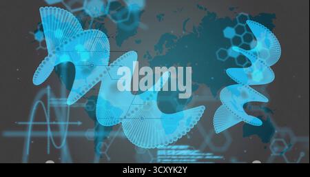 Displaying layered blue wave surfaces and world map on dashboard, with alphanumeric data overlays Stock Photo