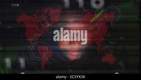 Displaying red world map overlaying interface with concentric hotspots, scan lines and green data Stock Photo
