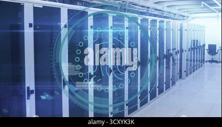 Displaying server cabinets running cabling along data center corridor, with fingerprint graphic Stock Photo