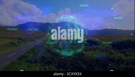 Displaying translucent holographic globe hovering over moorland road, with numeric data overlays Stock Photo