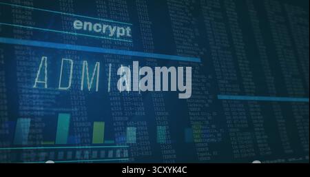 Displaying large ADMIN label overlaying IT dashboard at monitor, with encrypt header, bar chart Stock Photo