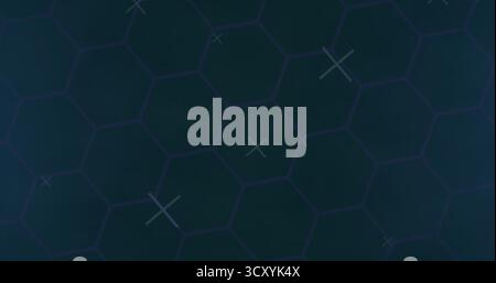 Displaying hexagonal grid on dark backdrop showing aqua and lavender cross marks Stock Photo