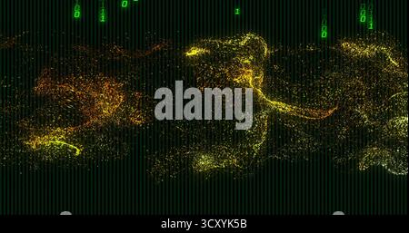 Swirling yellow-orange clusters flowing across screen with green binary digits streaming vertically Stock Photo