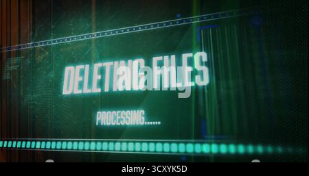 Showing digital interface deleting files on console, with glowing text labels and grid overlay Stock Photo